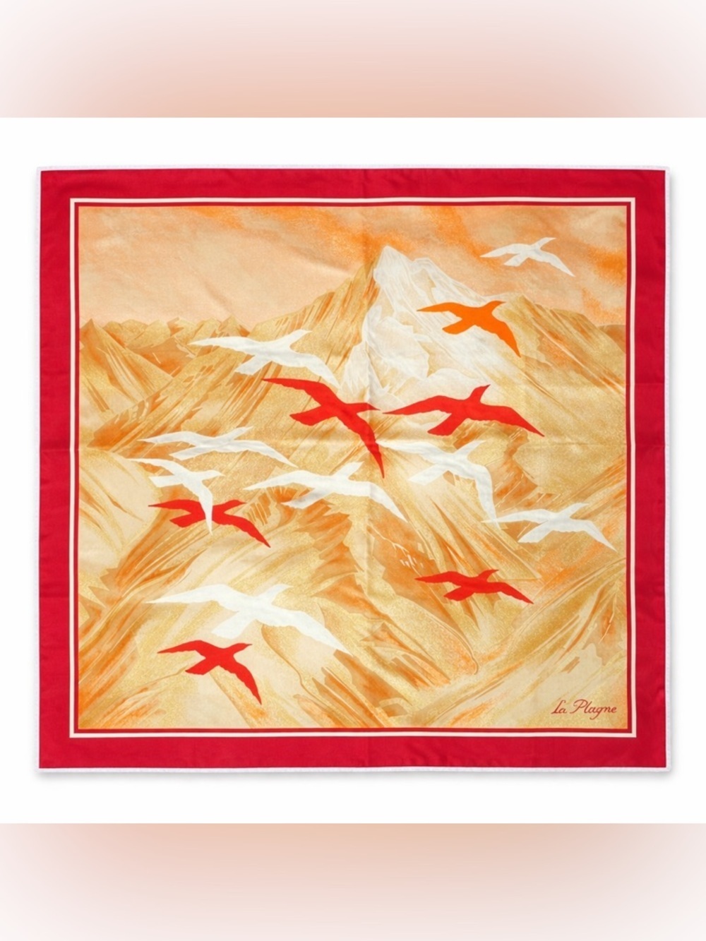 Vintage Francois de Reix Silk Scarf La Plagne French Alps Mountains Birds Square